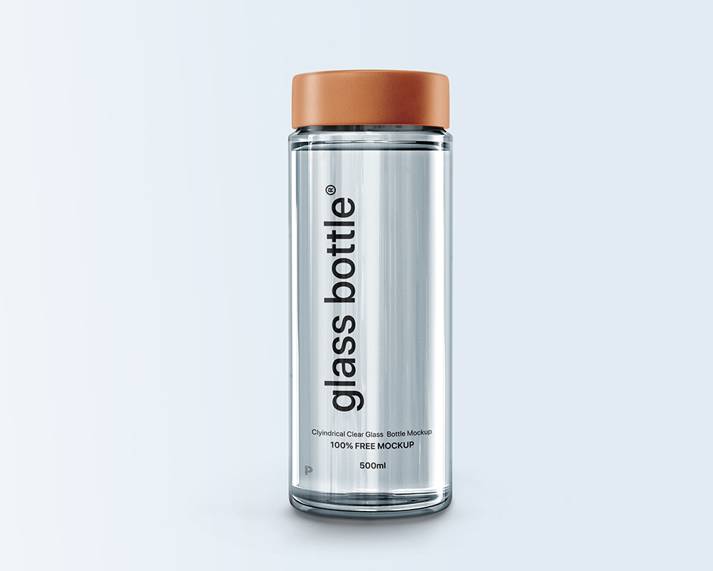 Free Cylindrical Clear Glass Bottle Mockup