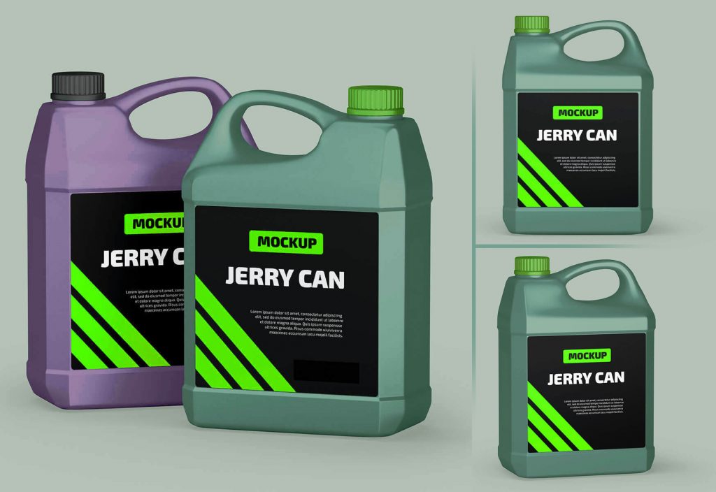 3 Free Car Engine Oil Jerry Can Mockups set Pacagemockup