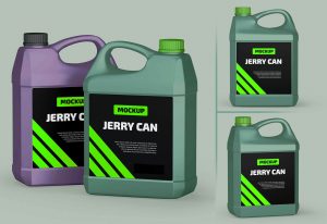 3 Free Car Engine Oil Jerry Can Mockups set Pacagemockup