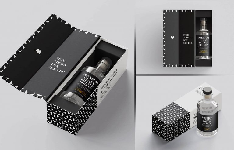 Free Vodka Bottle Branding and Packaging Box Mockup 5 set