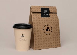 Free Kraft Paper Bag With Coffee Cup Mockup PSD File