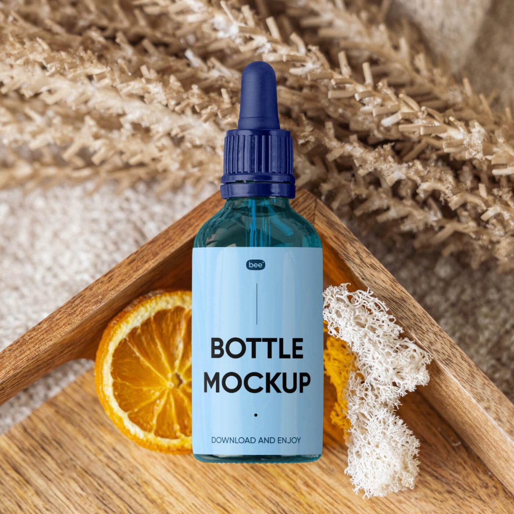 Dropper Bottle on Wooden Tray Mockup D
