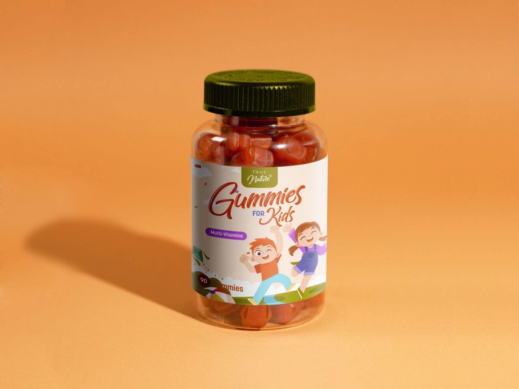 Free Gummies Vitamin Bottle Label Mockup PSD