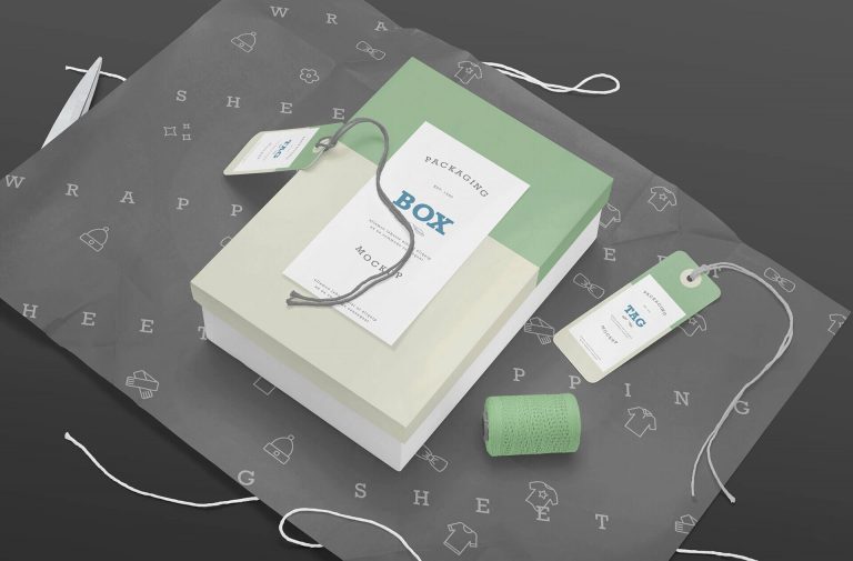 Top Side View of Rectangle Box Packaging and Label Tags Mockup