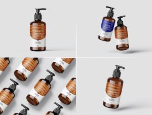 Free Amber Pump Closure Bottle Mockups 4 set