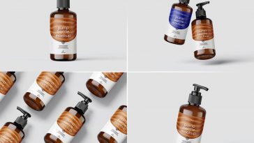 Free Amber Pump Closure Bottle Mockups 4 set