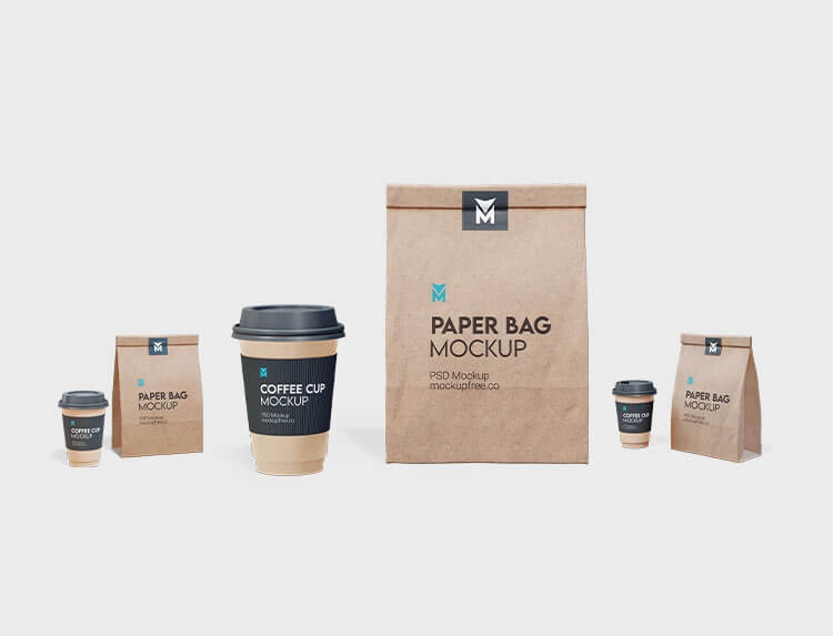Free Kraft Paper Coffee Cup Bag Mockup PSD Set