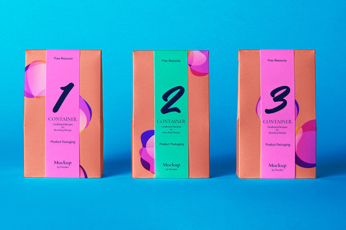 Front View of Three Classic Cardboard Pouch Packaging Mockup