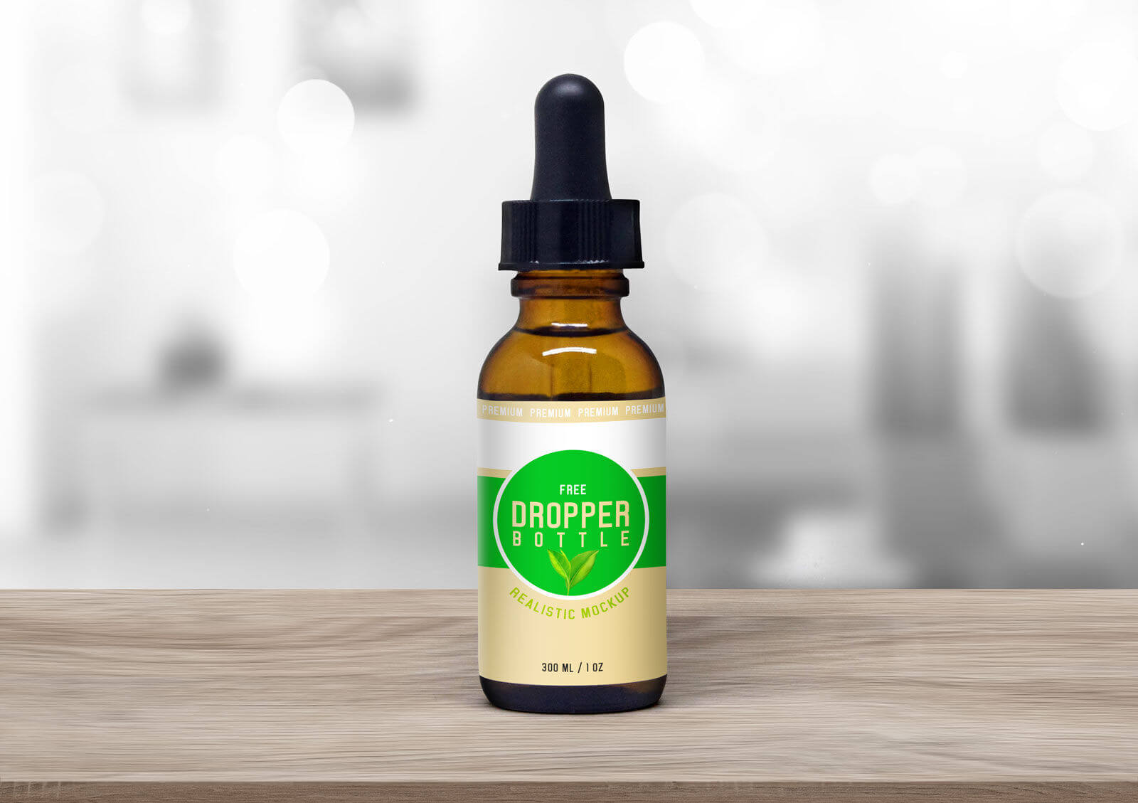 front view of glass dropper bottle on wooden surface mockup 2