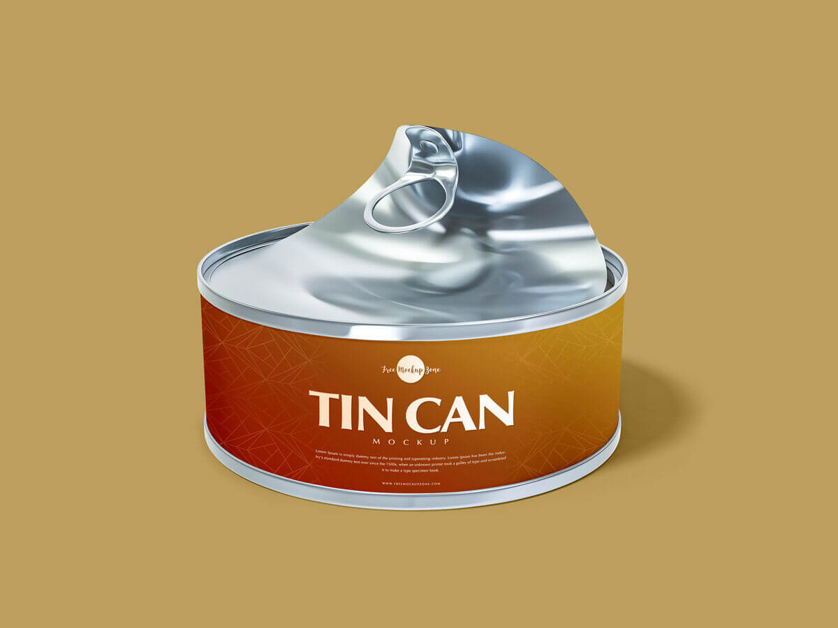 easy open tin can placed at the 3 4 angle view mockup 2