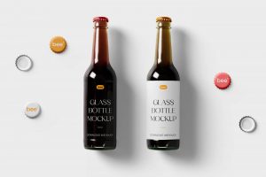 2 glass bottles mockup with caps in front sight 1