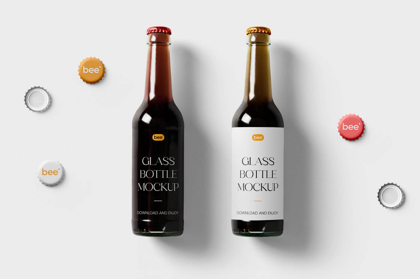 2 glass bottles mockup with caps in front sight 1