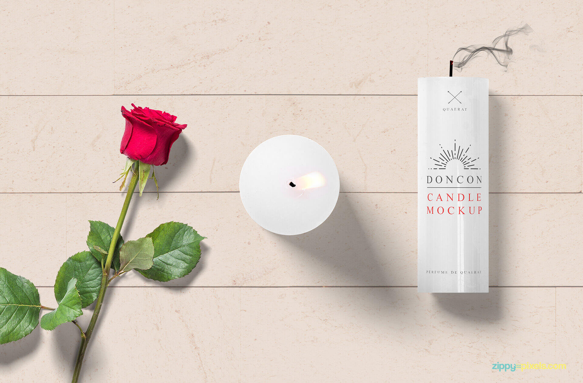 a pair of candles with a red rose mockup 2