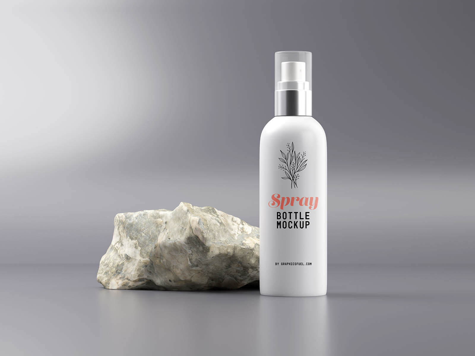 cosmetic spray bottle mockup Scene with Rock stone