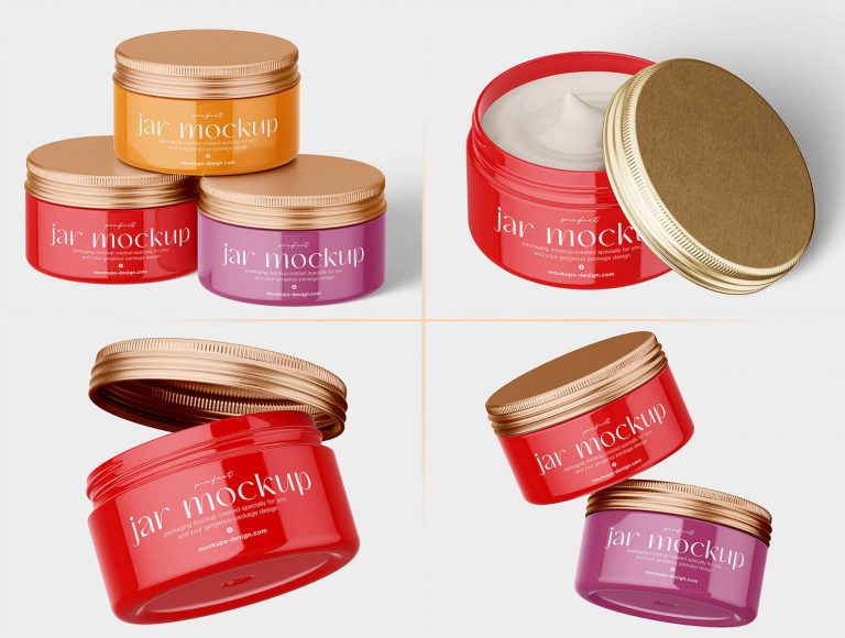 6 Free Glossy Cosmetic Jar With Metallic Lid Mockup PSD Files