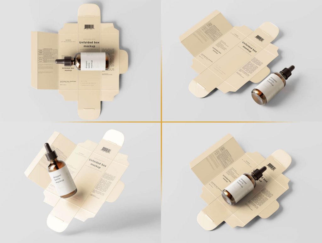 8 Free Amber Glass Dropper Bottle With Unfolded Box Mockup PSD Files
