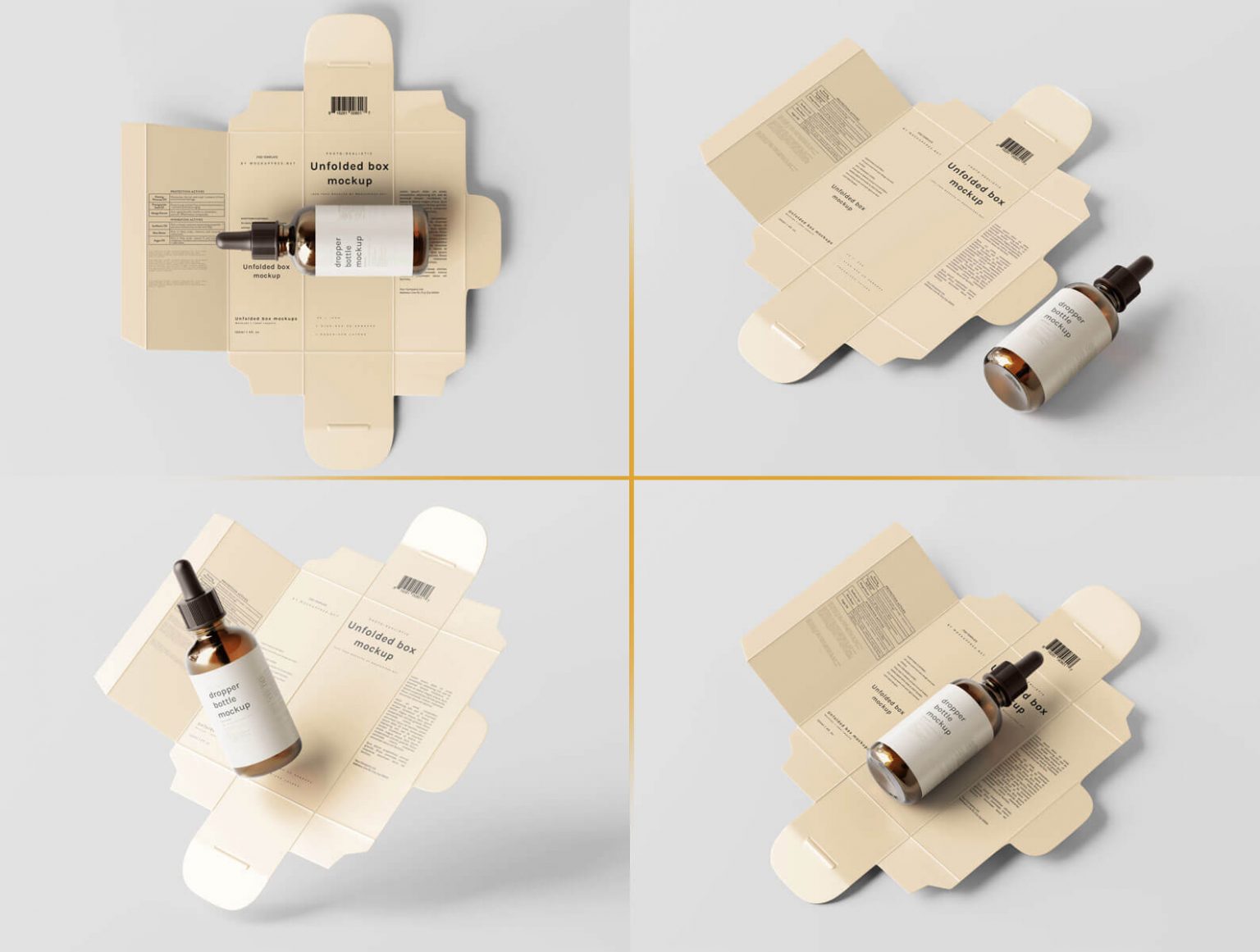 8 Free Amber Glass Dropper Bottle With Unfolded Packaging Box Mockup