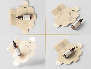 8 Free Amber Glass Dropper Bottle With Unfolded Box Mockup PSD Files