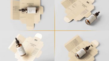 8 Free Amber Glass Dropper Bottle With Unfolded Box Mockup PSD Files