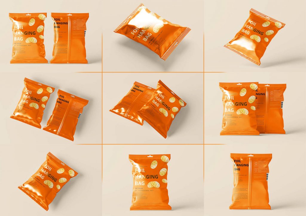 Hanging Snack Bag and Chips Foil Packet Mockups 10 different view