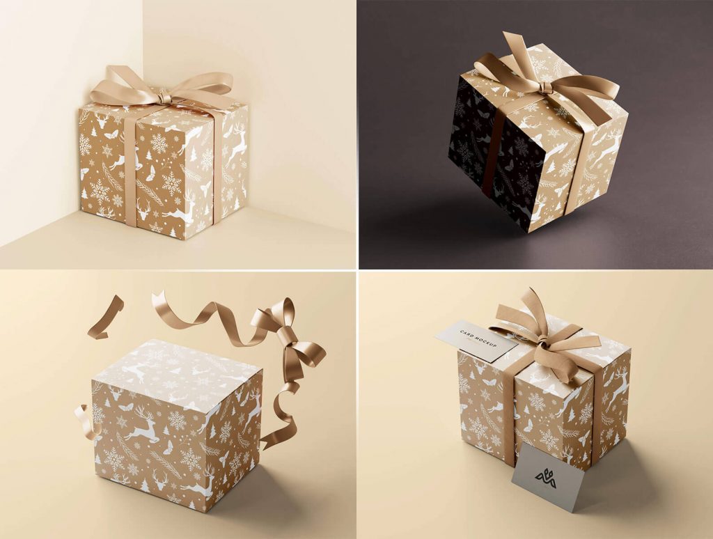 5 Free Wrapped With Ribbon Square Gift Box Mockup PSD Files