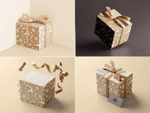 5 Free Wrapped With Ribbon Square Gift Box Mockup PSD Files