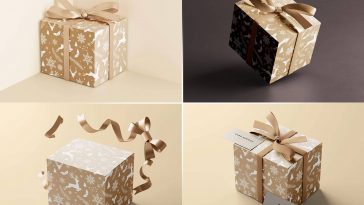 5 Free Wrapped With Ribbon Square Gift Box Mockup PSD Files