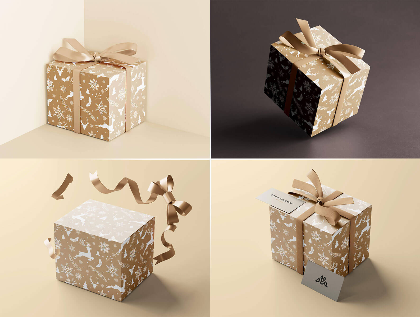 5 Free Wrapped With Ribbon Square Gift Box Mockup PSD Files