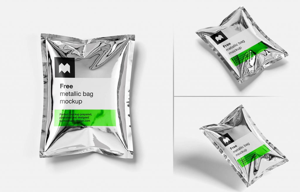 Free Metallic Foil Product Packaging Pouch Mockup PSD Set
