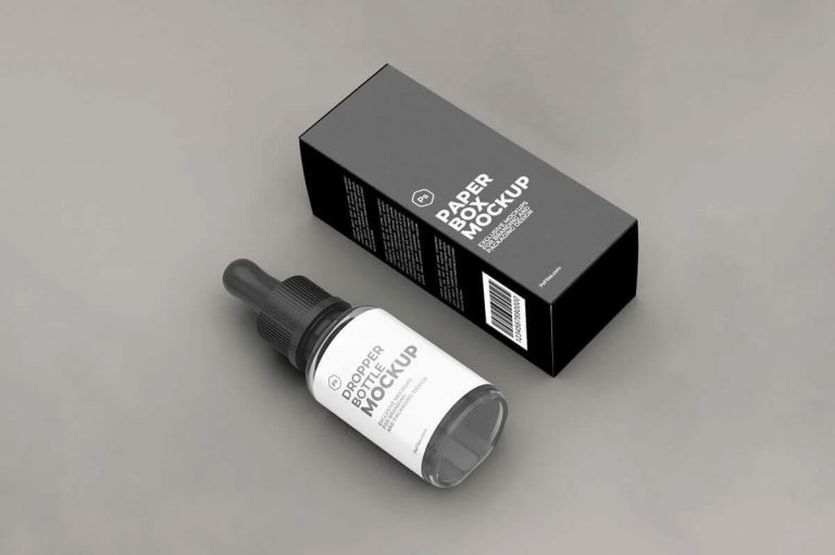 Free Dropper Bottle and Packaging Box Mockup PSD
