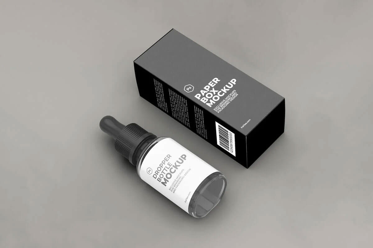 Free Dropper Bottle and Packaging Box Mockup PSD
