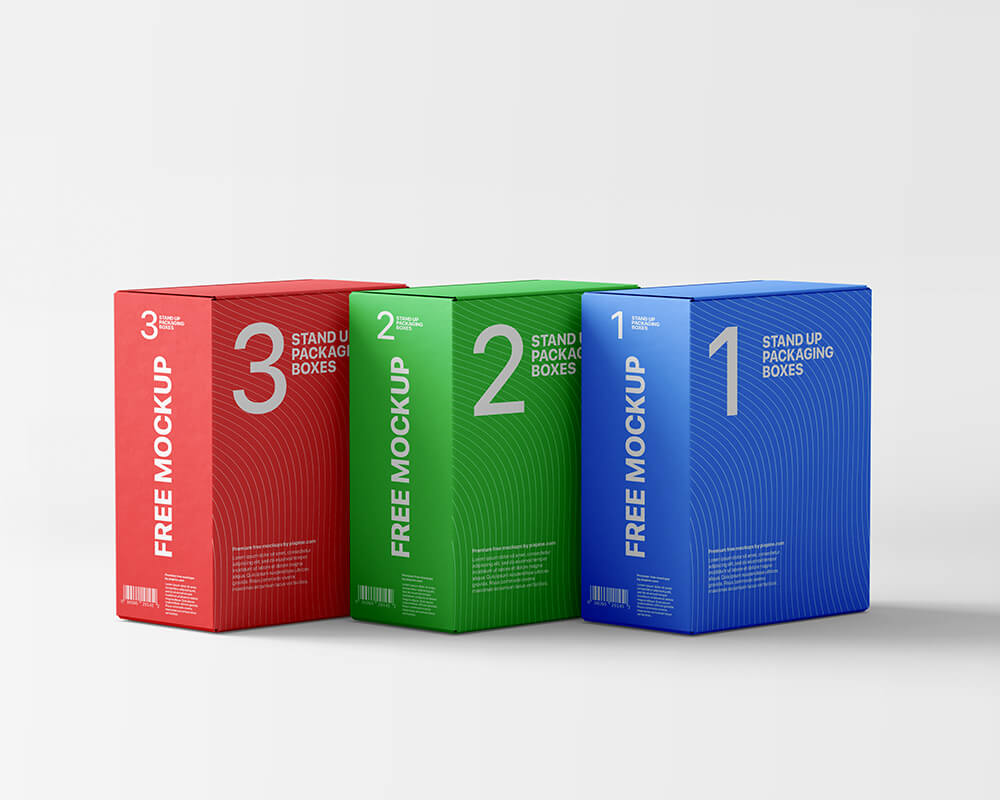 Free Three Stand Up Packaging Boxes Mockup 1