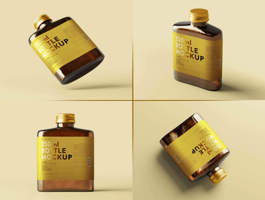 5 Flat Liquor Bottle Mockups with Screw Cap in Varied Sights