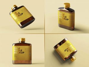 5 Flat Liquor Bottle Mockups with Screw Cap in Varied Sights