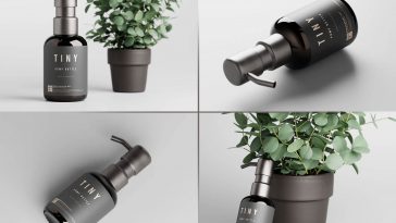 8 Free Small Amber Glass Pump Bottle Mockup PSD Set