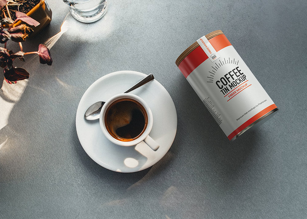 Free Coffee Tin Jar with Cup Mockup 1