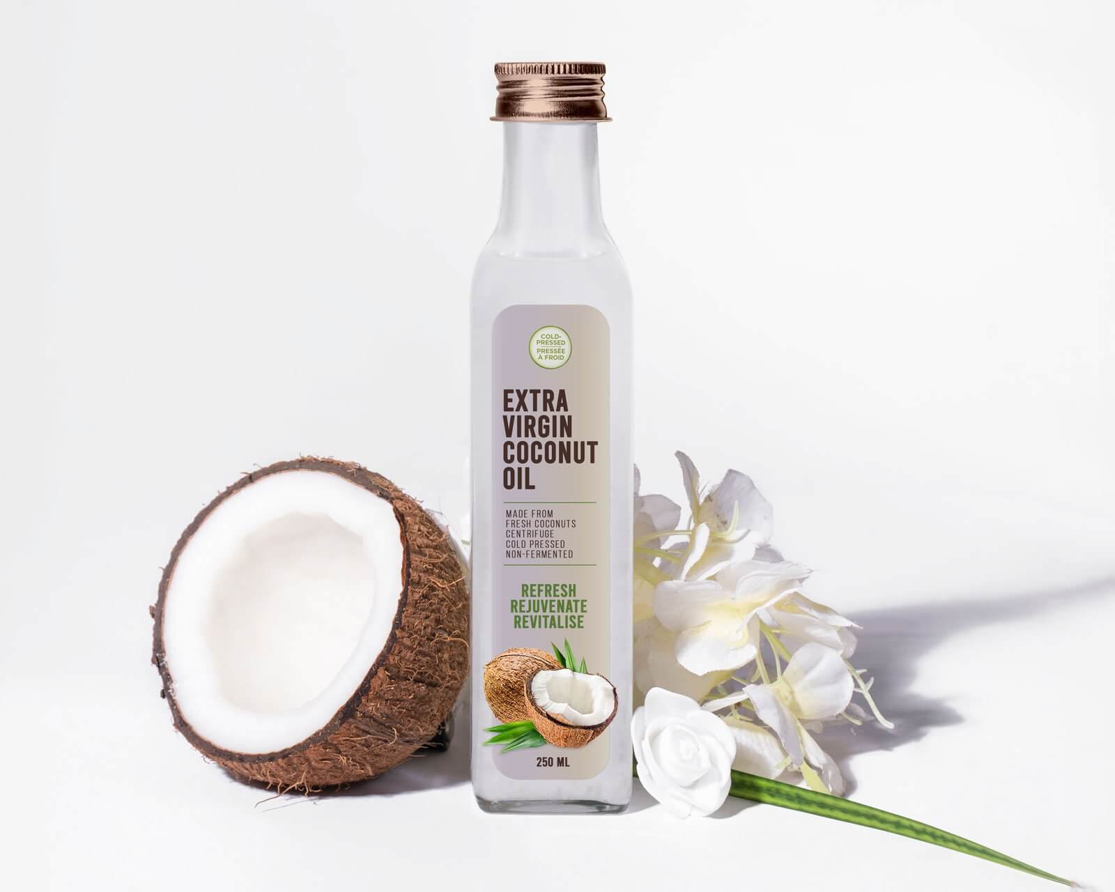 Free Extra Virgin Coconut Oil Bottle Mockup PSD