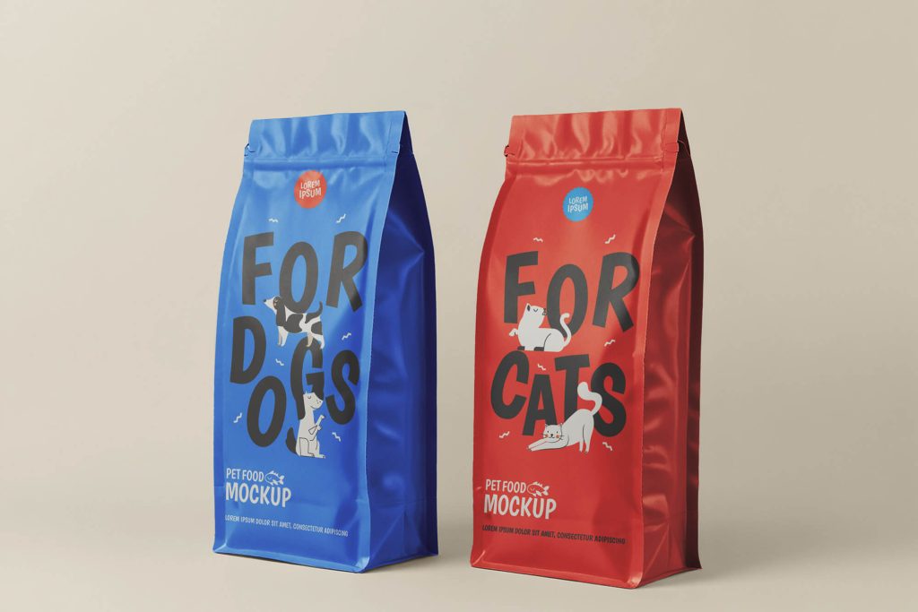 free pet food pouch mockup PSD front back view download