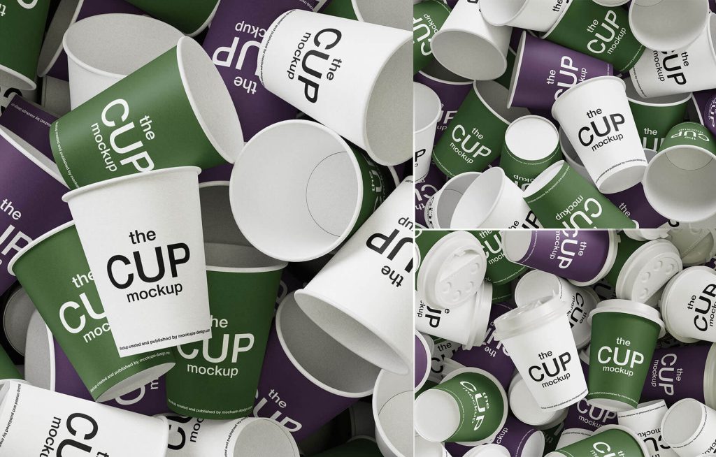 Free Scattered Paper Coffee Cup Mockup PSD Set