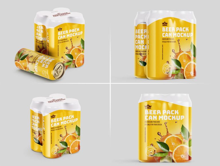 Free Beverage 4 Pack Shrink Wrap Film Mockup PSD Set
