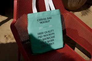 Free Canvas Bag on Plastic Chair Mockup PSD