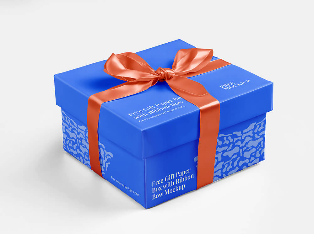 Free Gift Paper Box with Ribbon Bow Mockup