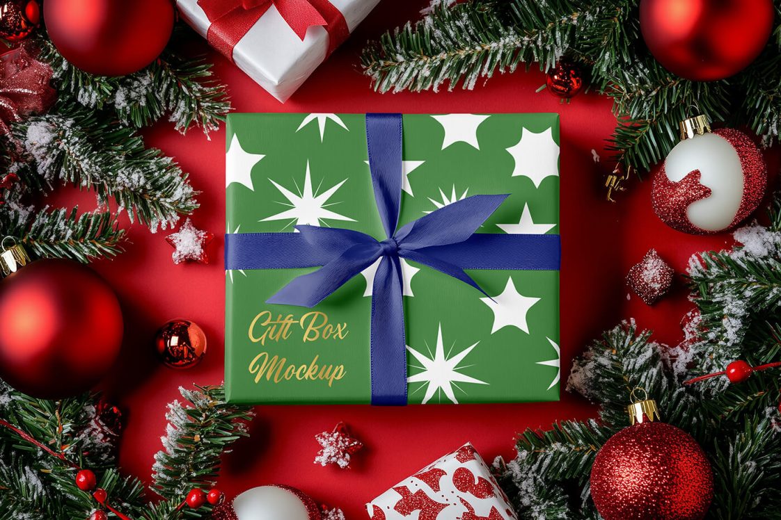 Free Wrapped Christmas Gift Box Mockup - PacageMockup