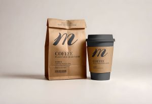 Free Coffee Kraft Paper Bag Pouch With Cup Mockup PSD