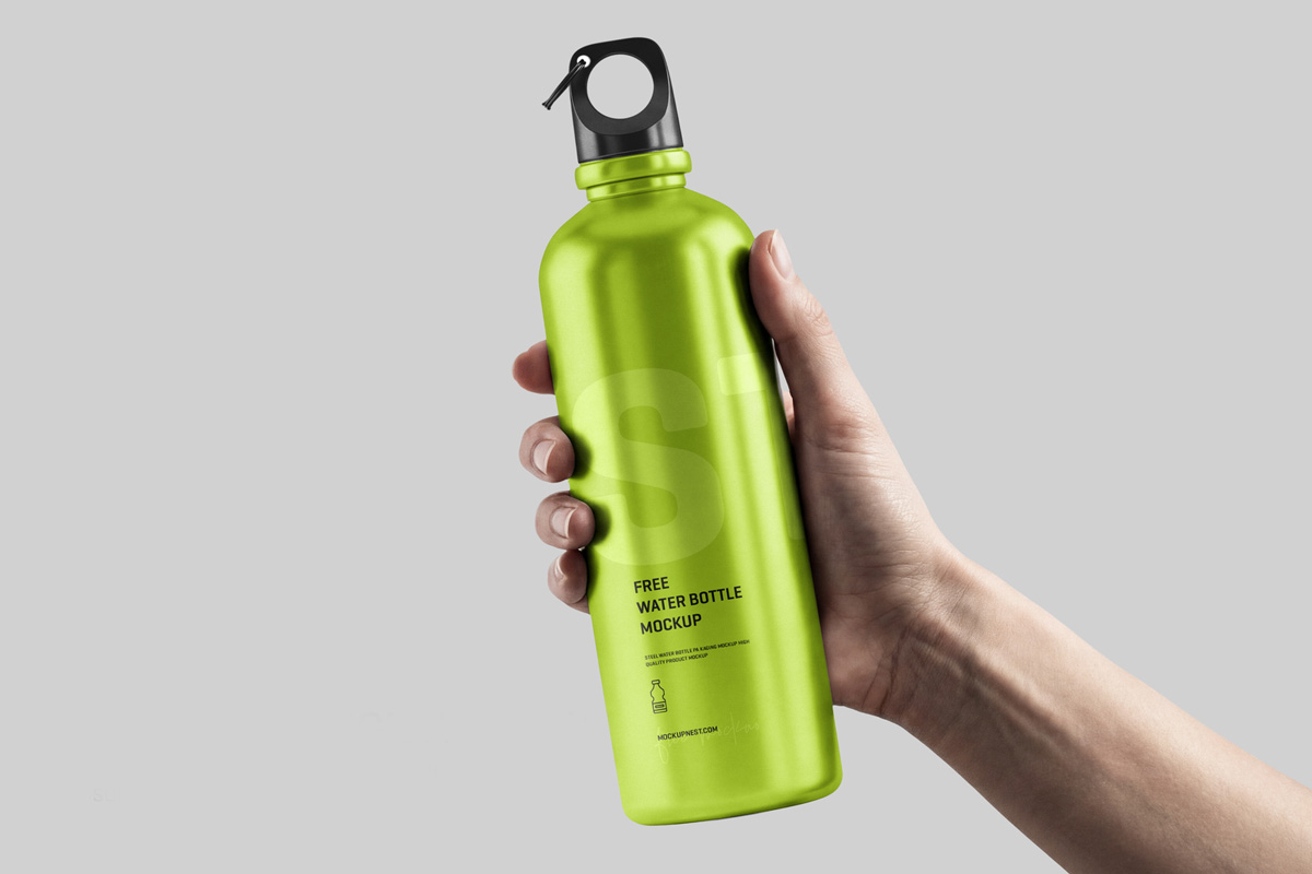 Hand Holding Aluminium Water Bottle Mockup Free for Branding