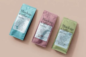 Top view coffee pouch mockup set with multiple coffee packaging bags for branding and label design presentation