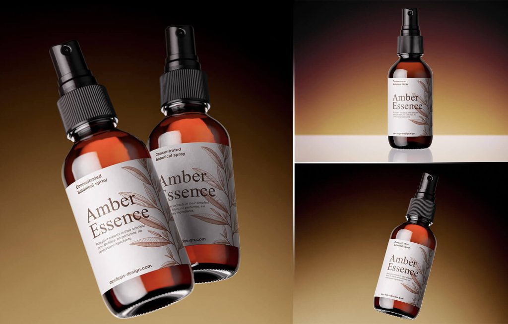 Amber glass spray bottle mockup set with multiple angles for cosmetic and skincare packaging branding