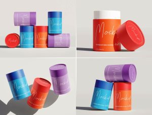 Cylindrical cardboard paper tube mockup set with colorful packaging designs in multiple angles