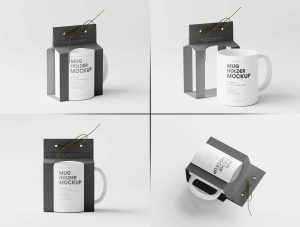 Mug packaging mockup with gift box holder and branded coffee mug in multiple angles