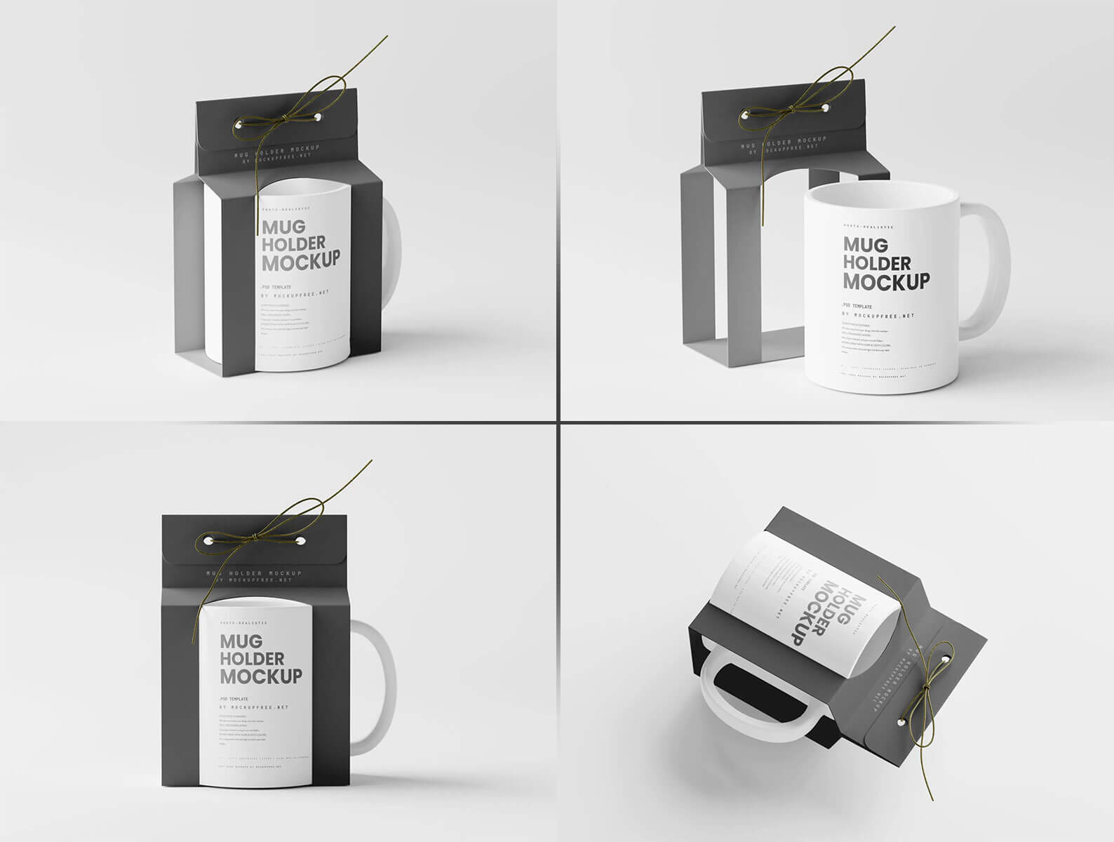 Mug packaging mockup with gift box holder and branded coffee mug in multiple angles